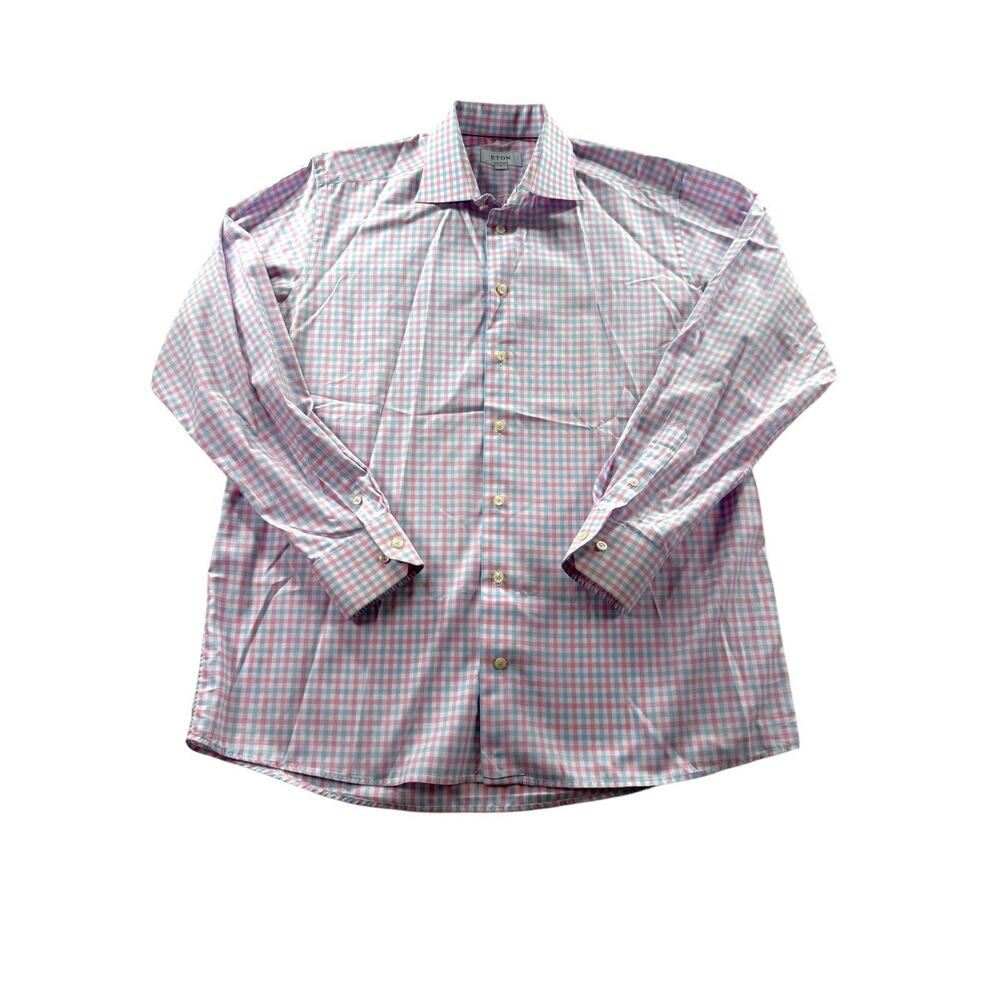 Eton Contemporary Dress Shirt Mens Size XL 43 17 Pink Blue Checkered Long Sleeve